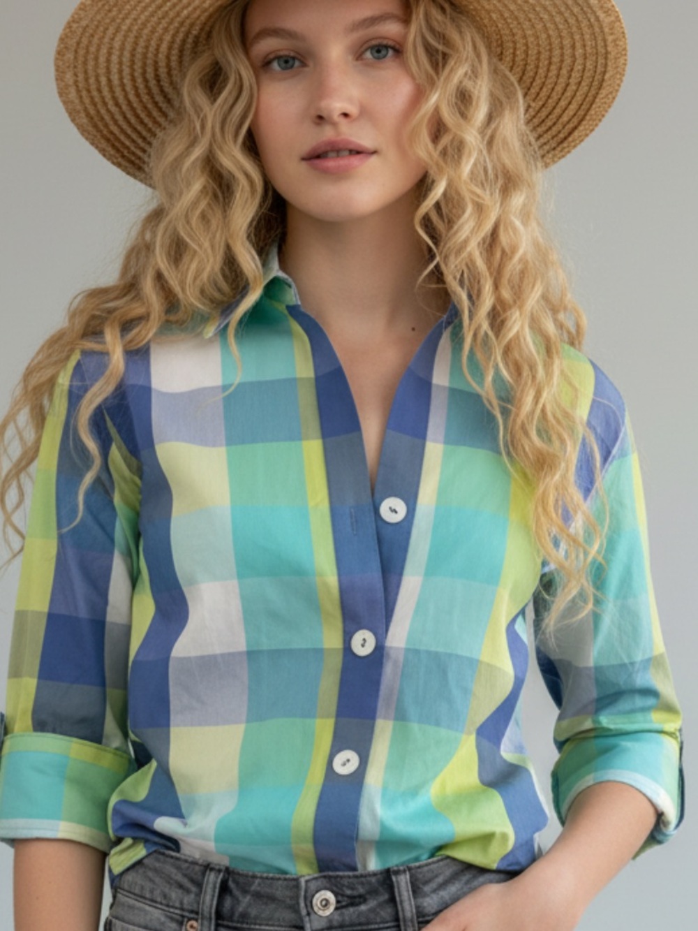 FOXCROFT- wrinkle free Blue and Green Plaid 3/4 Sleeve Women’s Blouse